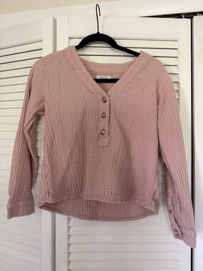 Madewell Light Pink Button-Front Crinkle Long-Sleeve Top
